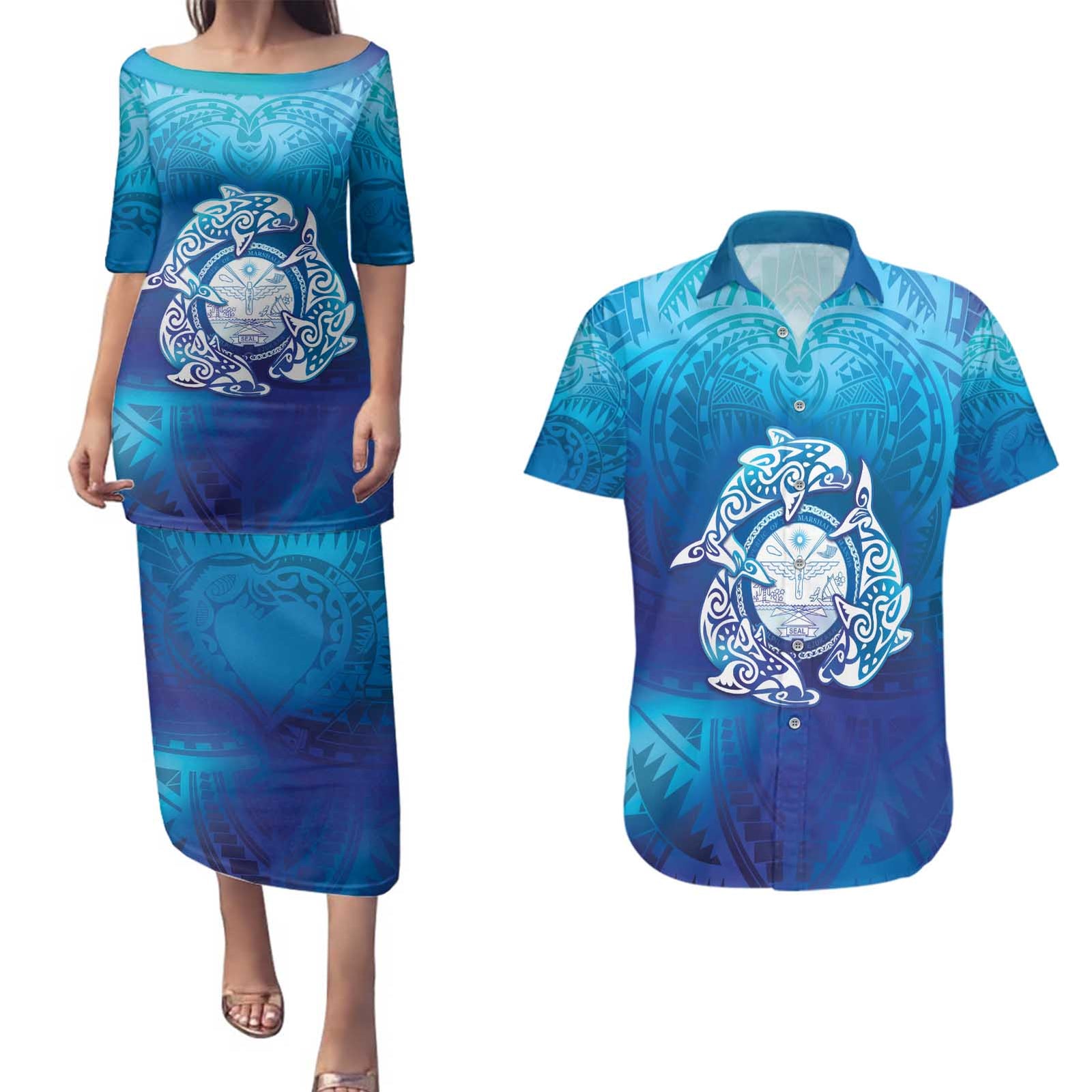 Marshall Islands Manit Day Couples Matching Puletasi and Hawaiian Shirt Tribal Dolphin With Marshall Seal - Polynesian Pride