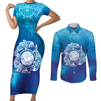 Marshall Islands Manit Day Couples Matching Short Sleeve Bodycon Dress and Long Sleeve Button Shirt Tribal Dolphin With Marshall Seal LT05 Blue - Polynesian Pride