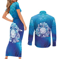 Marshall Islands Manit Day Couples Matching Short Sleeve Bodycon Dress and Long Sleeve Button Shirt Tribal Dolphin With Marshall Seal LT05 - Polynesian Pride