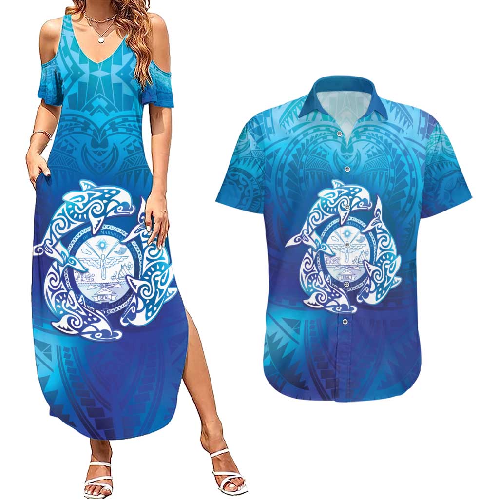 Marshall Islands Manit Day Couples Matching Summer Maxi Dress and Hawaiian Shirt Tribal Dolphin With Marshall Seal - Polynesian Pride