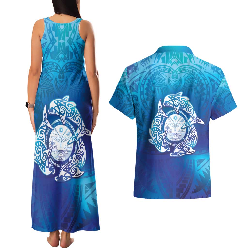 Marshall Islands Manit Day Couples Matching Tank Maxi Dress and Hawaiian Shirt Tribal Dolphin With Marshall Seal - Polynesian Pride