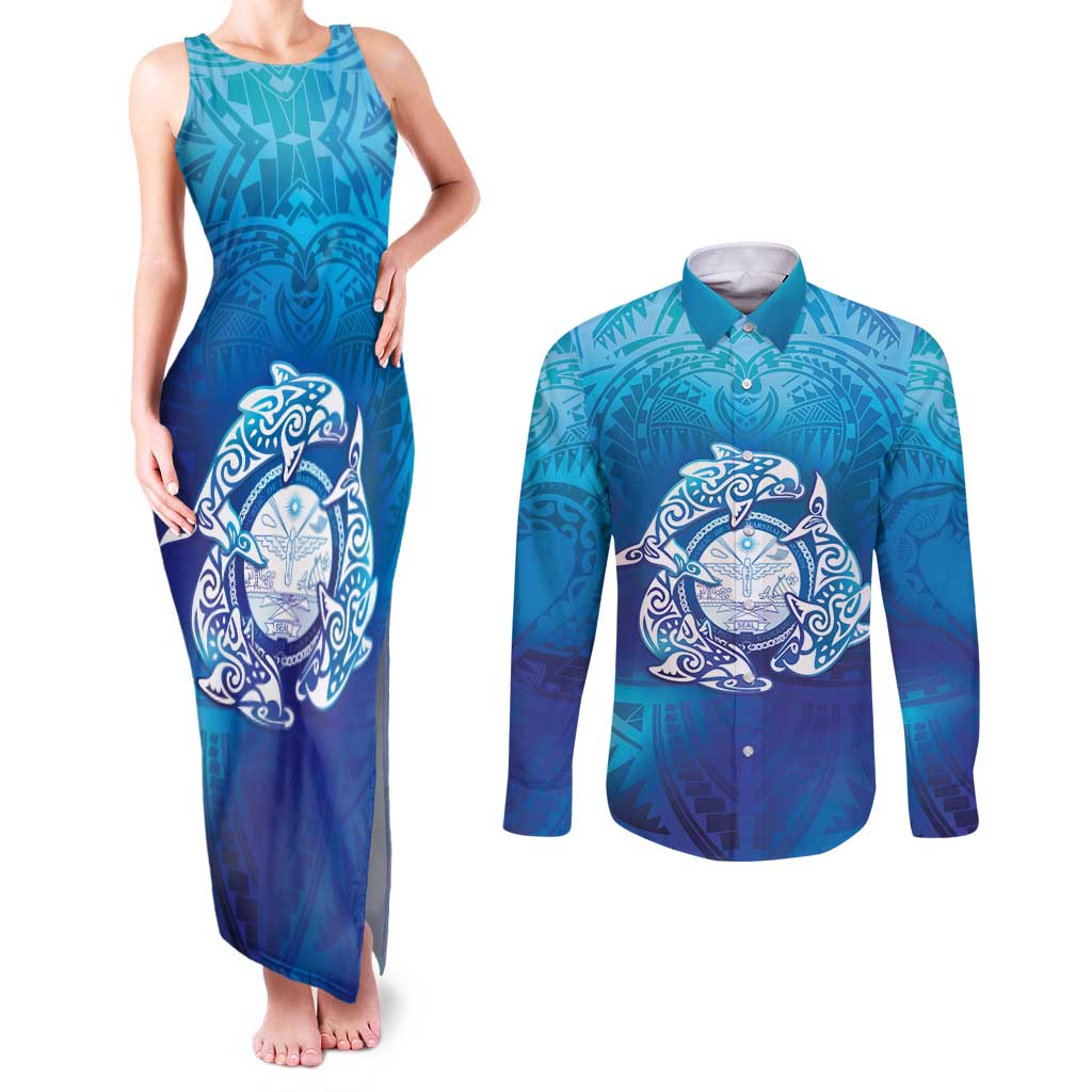 Marshall Islands Manit Day Couples Matching Tank Maxi Dress and Long Sleeve Button Shirt Tribal Dolphin With Marshall Seal LT05 Blue - Polynesian Pride