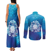 Marshall Islands Manit Day Couples Matching Tank Maxi Dress and Long Sleeve Button Shirt Tribal Dolphin With Marshall Seal LT05 - Polynesian Pride