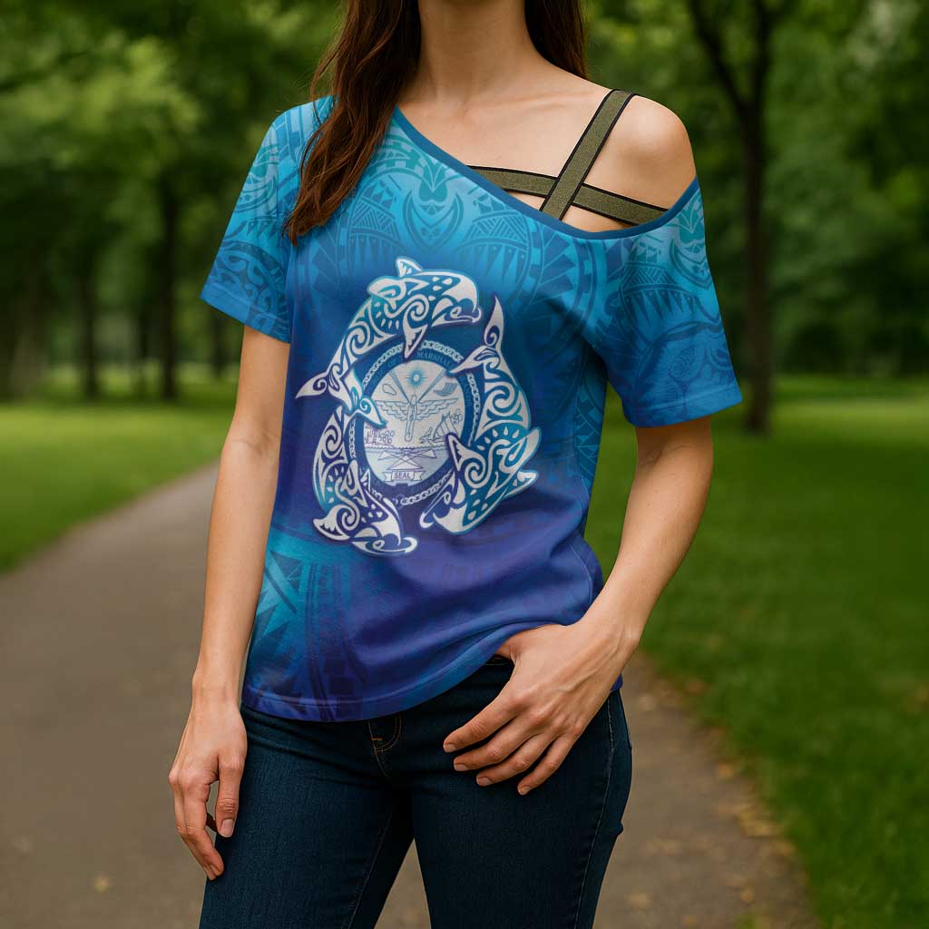 Marshall Islands Manit Day Cross Shoulder Shirt Tribal Dolphin With Marshall Seal - Polynesian Pride