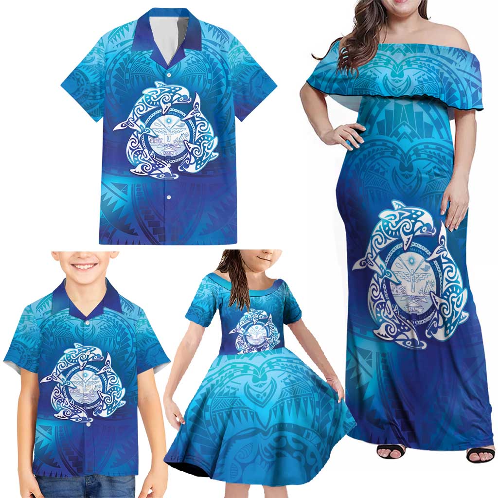 Marshall Islands Manit Day Family Matching Off Shoulder Maxi Dress and Hawaiian Shirt Tribal Dolphin With Marshall Seal - Polynesian Pride