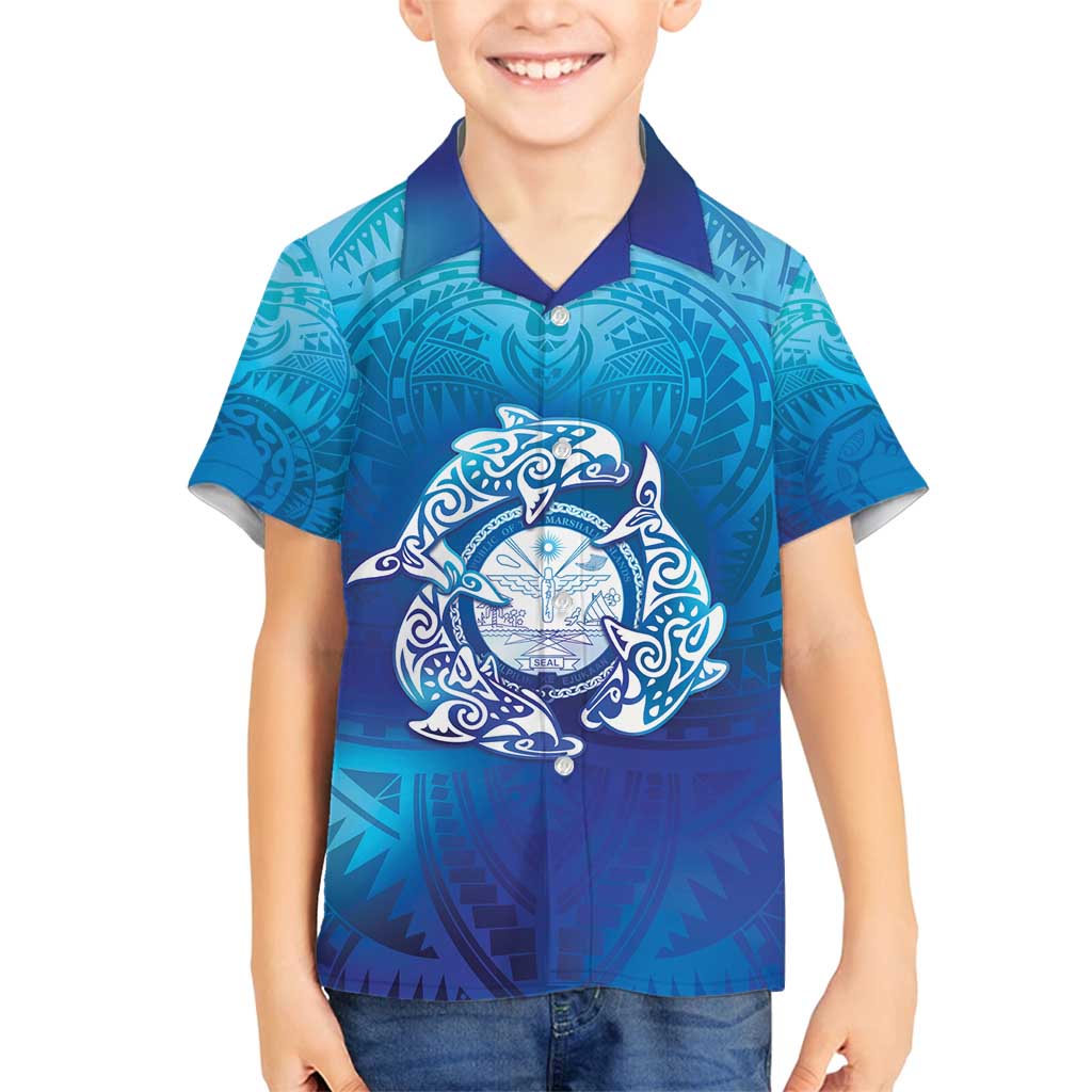Marshall Islands Manit Day Family Matching Off Shoulder Short Dress and Hawaiian Shirt Tribal Dolphin With Marshall Seal - Polynesian Pride