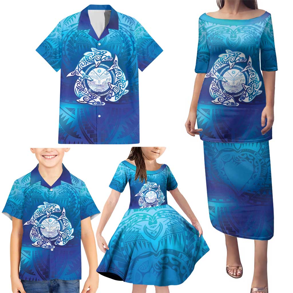 Marshall Islands Manit Day Family Matching Puletasi and Hawaiian Shirt Tribal Dolphin With Marshall Seal LT05 - Polynesian Pride