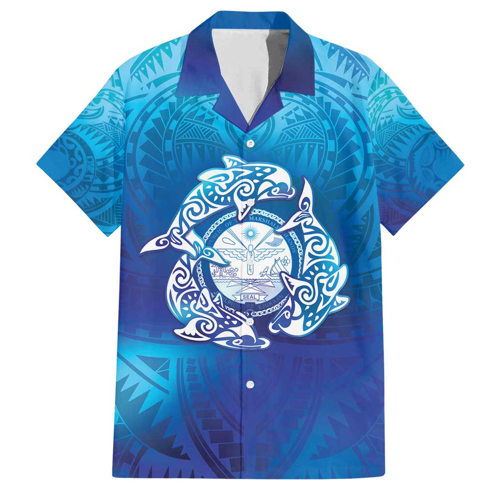 Marshall Islands Manit Day Family Matching Puletasi and Hawaiian Shirt Tribal Dolphin With Marshall Seal LT05 Dad's Shirt - Short Sleeve Blue - Polynesian Pride