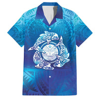 Marshall Islands Manit Day Family Matching Puletasi and Hawaiian Shirt Tribal Dolphin With Marshall Seal LT05 Dad's Shirt - Short Sleeve Blue - Polynesian Pride