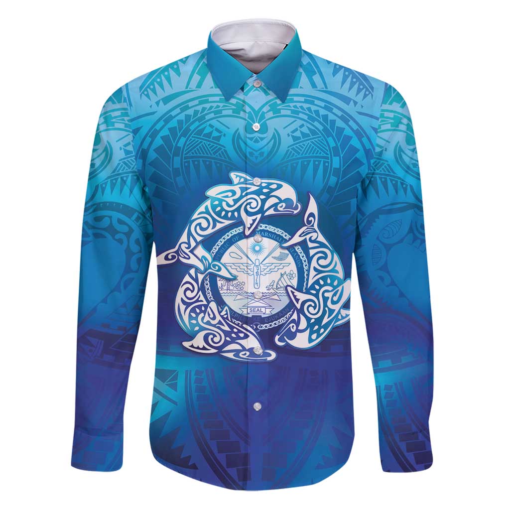 Marshall Islands Manit Day Family Matching Puletasi and Hawaiian Shirt Tribal Dolphin With Marshall Seal LT05 Dad's Shirt - Long Sleeve Blue - Polynesian Pride