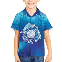 Marshall Islands Manit Day Family Matching Puletasi and Hawaiian Shirt Tribal Dolphin With Marshall Seal LT05 Son's Shirt Blue - Polynesian Pride