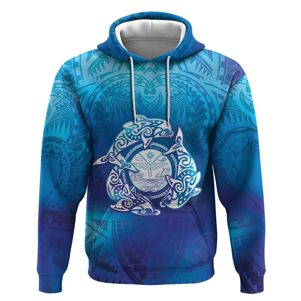 Marshall Islands Manit Day Hoodie Tribal Dolphin With Marshall Seal LT05 Pullover Hoodie Blue - Polynesian Pride