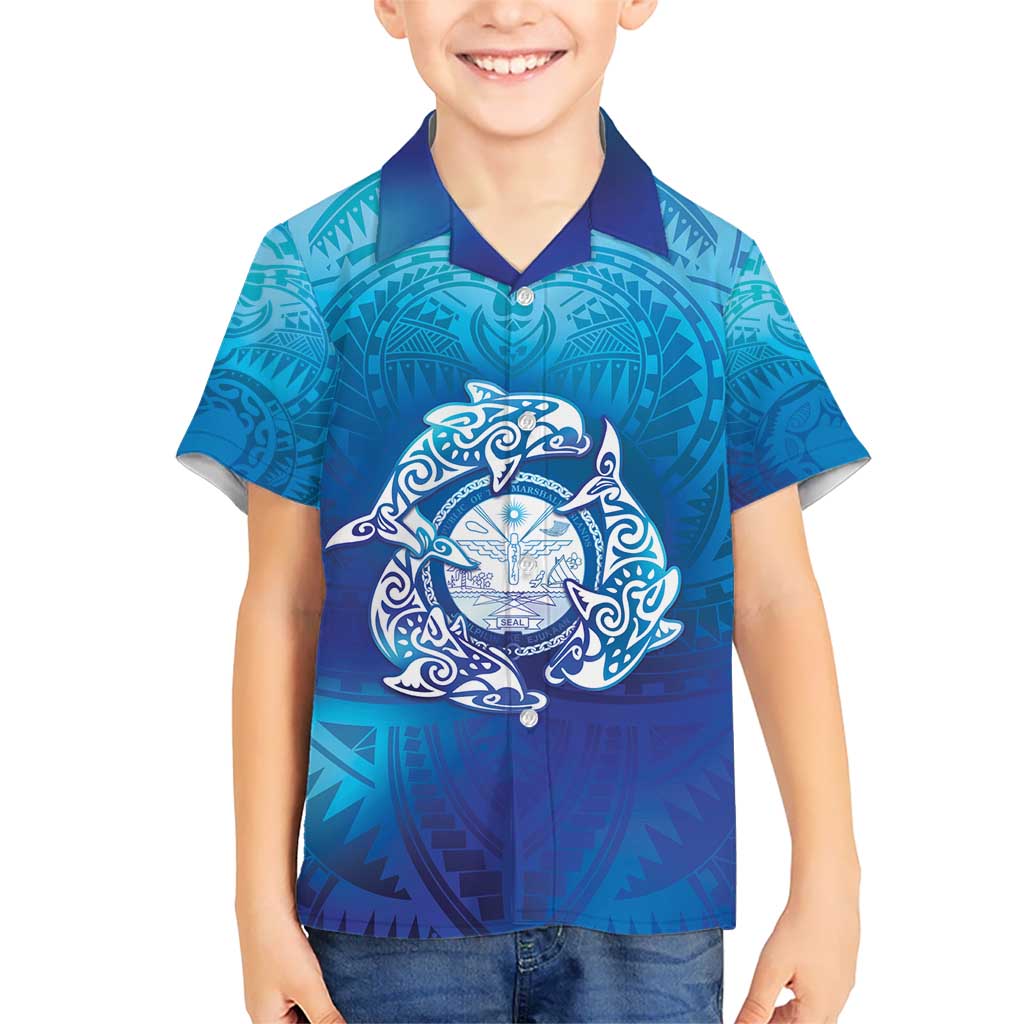 Marshall Islands Manit Day Kid Hawaiian Shirt Tribal Dolphin With Marshall Seal LT05 Kid Blue - Polynesian Pride