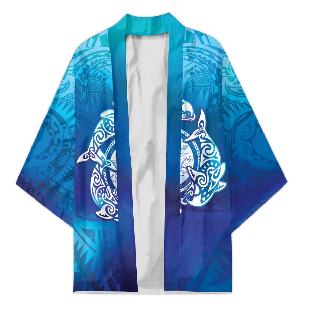 Marshall Islands Manit Day Kimono Tribal Dolphin With Marshall Seal LT05 Unisex Blue - Polynesian Pride