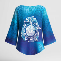 Marshall Islands Manit Day Kimono Sleeve Blouse Tribal Dolphin With Marshall Seal - Polynesian Pride