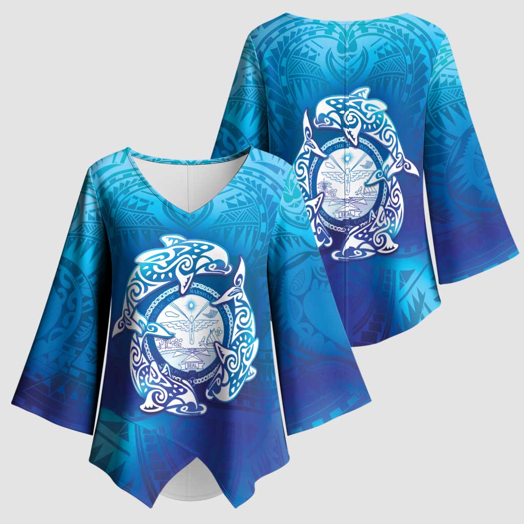Marshall Islands Manit Day Kimono Sleeve Blouse Tribal Dolphin With Marshall Seal - Polynesian Pride