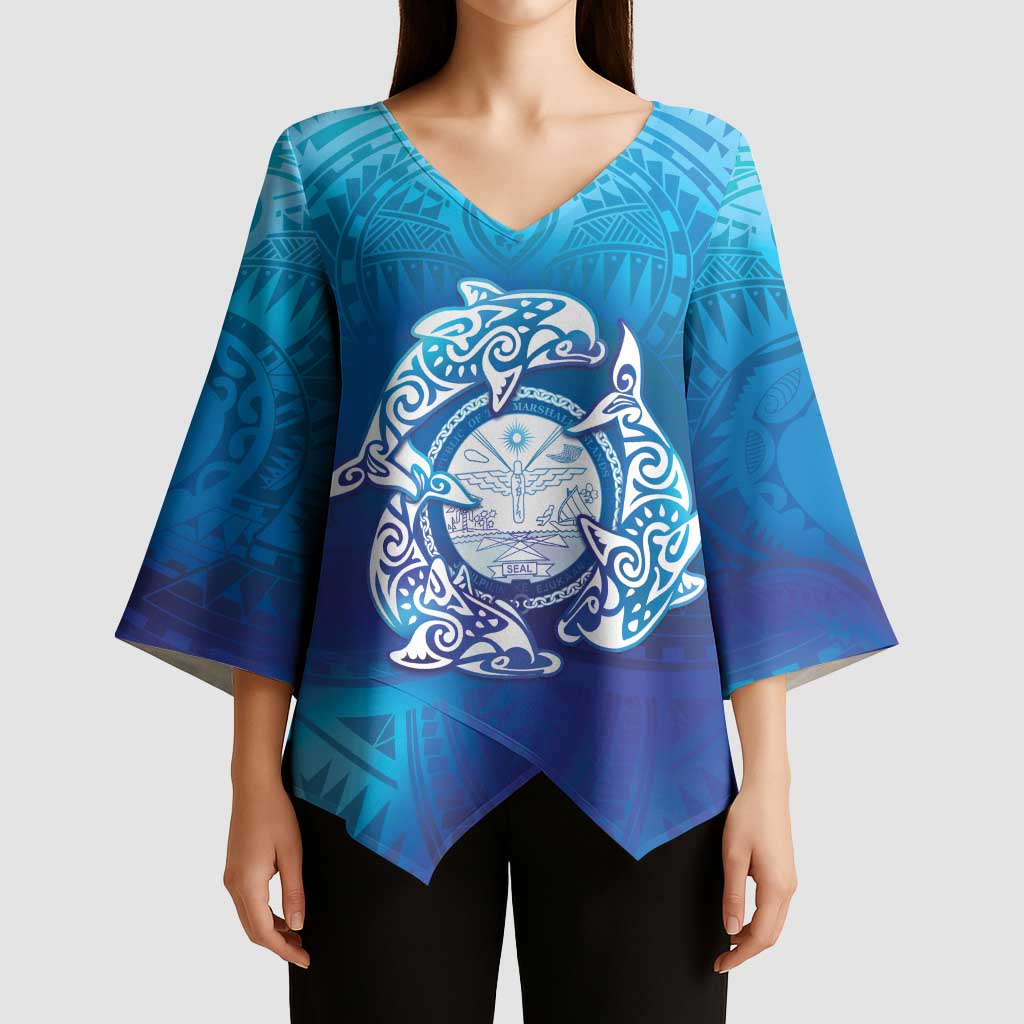 Marshall Islands Manit Day Kimono Sleeve Blouse Tribal Dolphin With Marshall Seal - Polynesian Pride