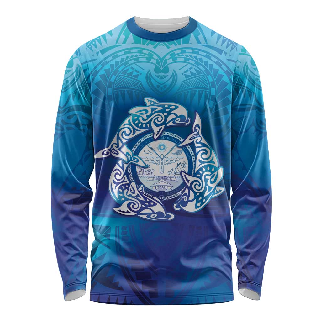 Marshall Islands Manit Day Long Sleeve Shirt Tribal Dolphin With Marshall Seal LT05 Unisex Blue - Polynesian Pride