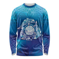 Marshall Islands Manit Day Long Sleeve Shirt Tribal Dolphin With Marshall Seal LT05 Unisex Blue - Polynesian Pride