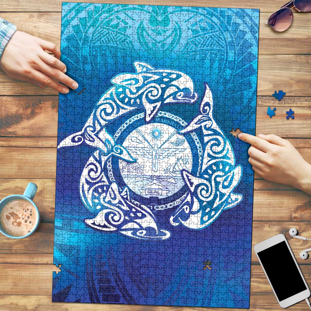 Marshall Islands Manit Day Puzzle Tribal Dolphin With Marshall Seal LT05 Blue - Polynesian Pride