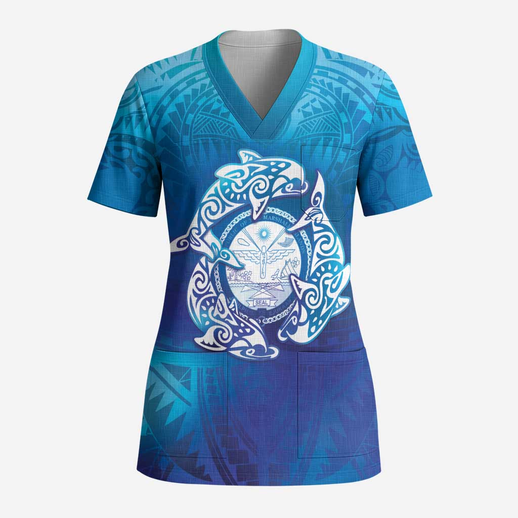 Marshall Islands Manit Day Scrub Top Tribal Dolphin With Marshall Seal - Polynesian Pride