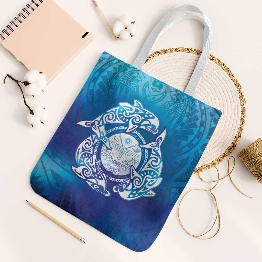 Marshall Islands Manit Day Tote Bag Tribal Dolphin With Marshall Seal LT05 White Strap One Size Blue - Polynesian Pride