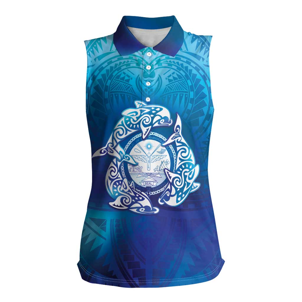 Marshall Islands Manit Day Women Sleeveless Polo Shirt Tribal Dolphin With Marshall Seal LT05 Female Blue - Polynesian Pride