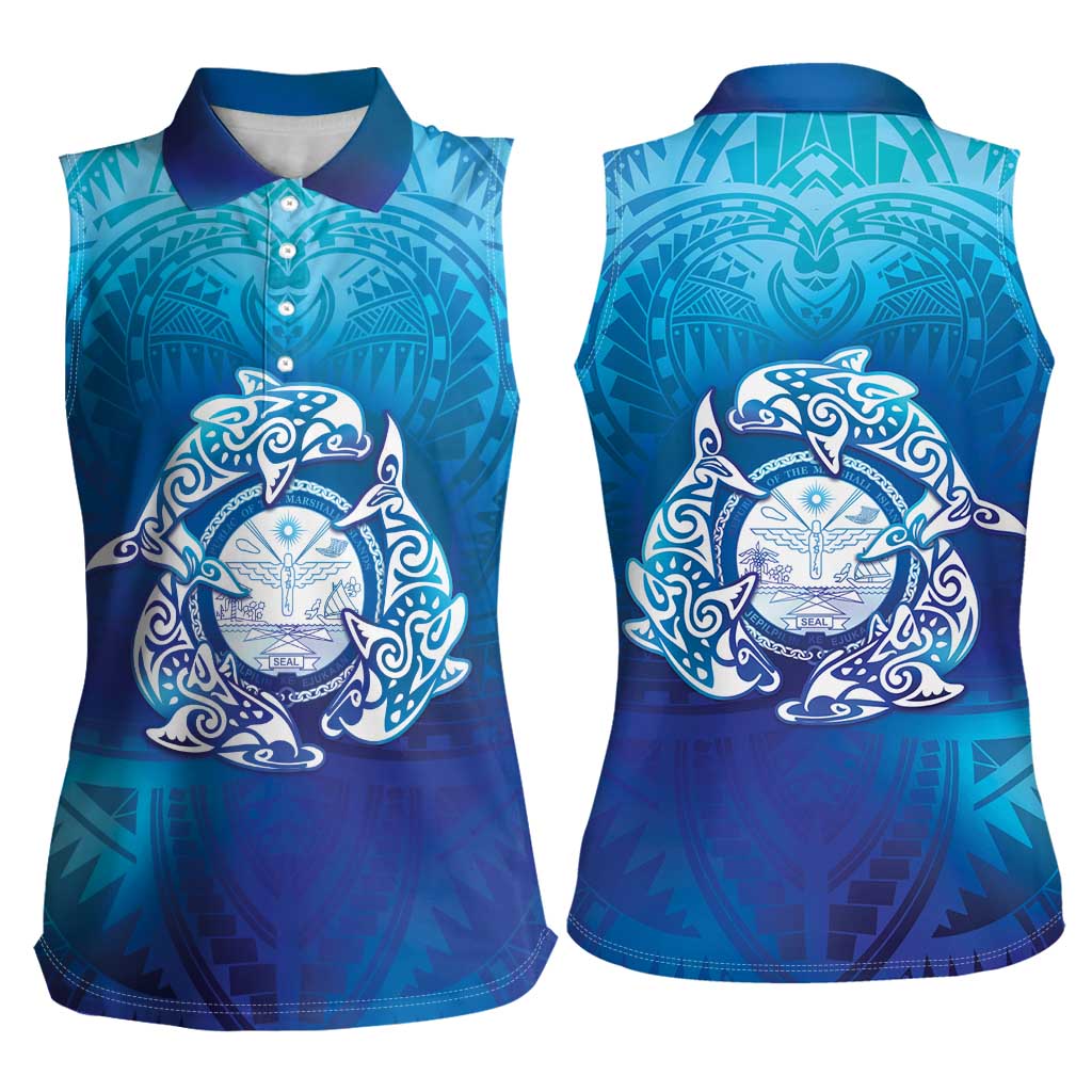 Marshall Islands Manit Day Women Sleeveless Polo Shirt Tribal Dolphin With Marshall Seal LT05 - Polynesian Pride
