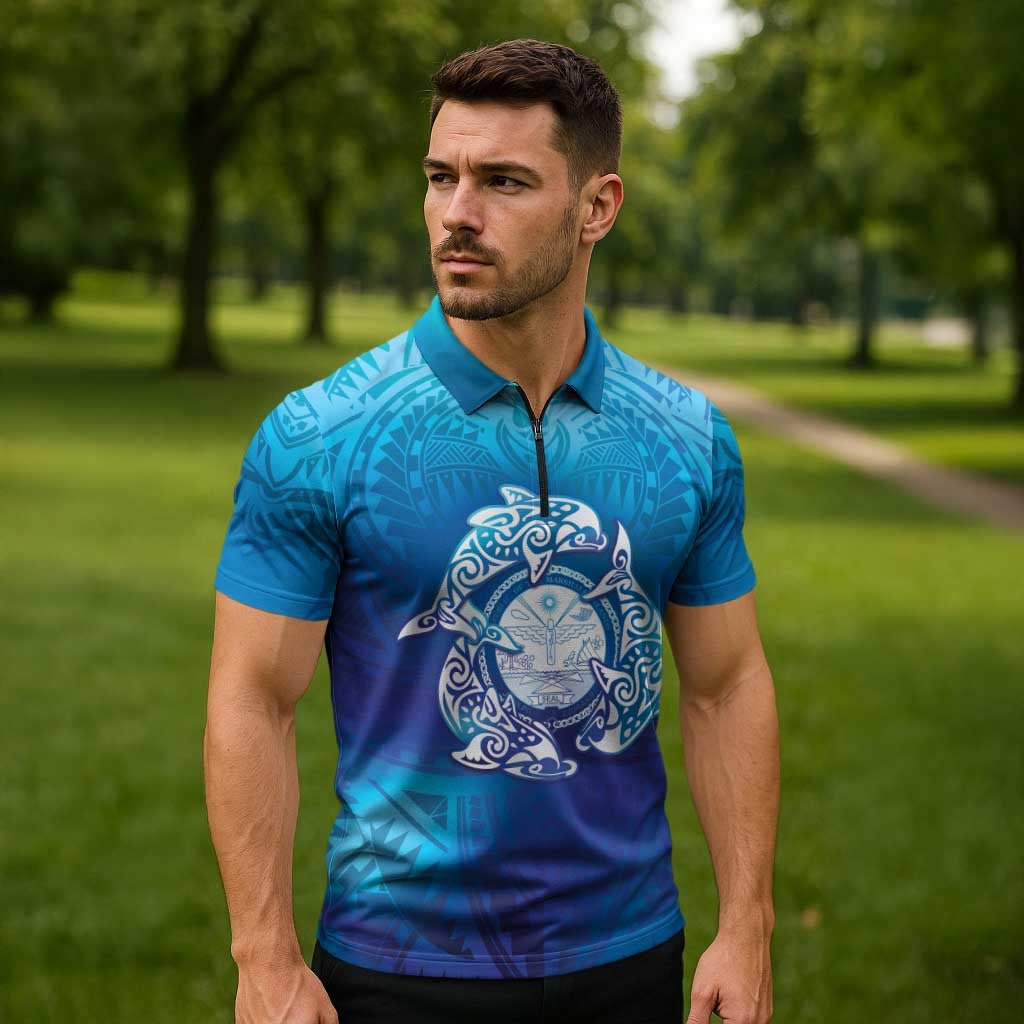 Marshall Islands Manit Day Zipper Polo Shirt Tribal Dolphin With Marshall Seal - Polynesian Pride