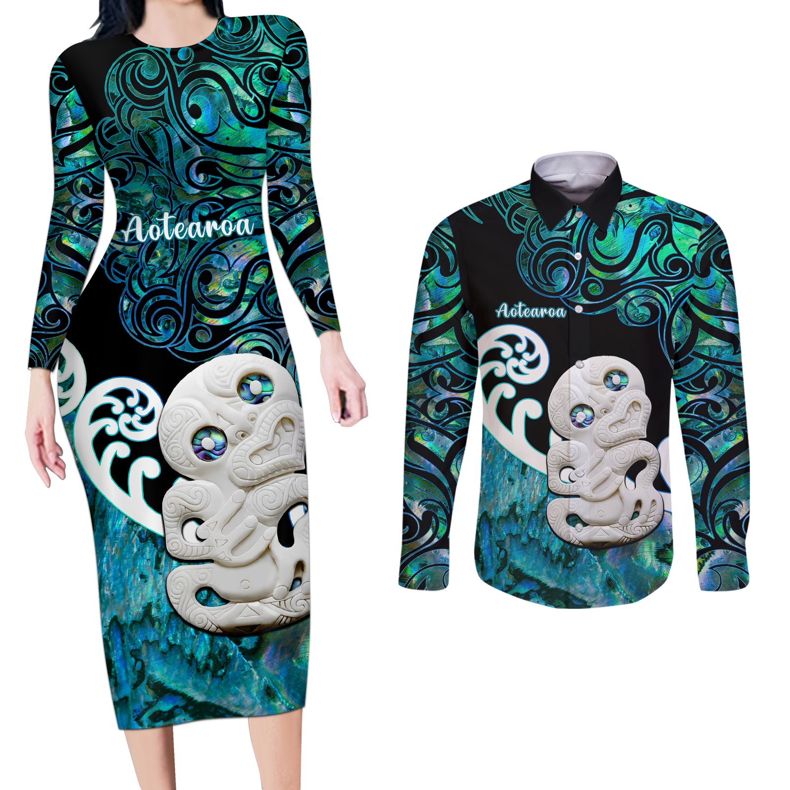 Aotearoa New Zealand Couples Matching Long Sleeve Bodycon Dress and Long Sleeve Button Shirts Paua Shell Fern Koru With Maori Hei Tiki LT05 Green - Polynesian Pride