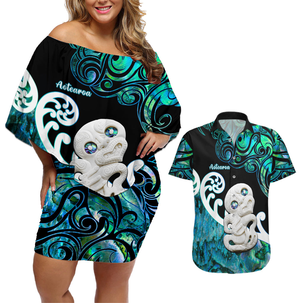 Aotearoa New Zealand Couples Matching Off Shoulder Short Dress and Hawaiian Shirt Paua Shell Fern Koru With Maori Hei Tiki LT05 Green - Polynesian Pride