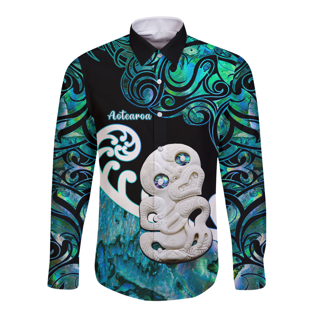 Aotearoa New Zealand Long Sleeve Button Shirt Paua Shell Fern Koru With Maori Hei Tiki LT05 Unisex Green - Polynesian Pride