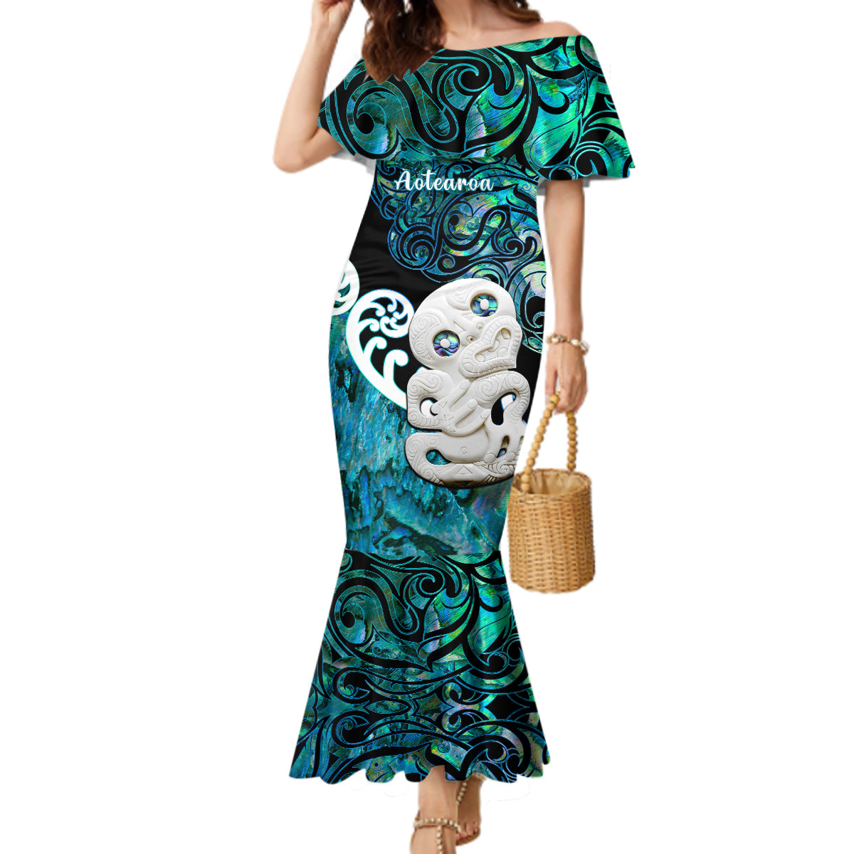 Aotearoa New Zealand Mermaid Dress Paua Shell Fern Koru With Maori Hei Tiki LT05 Women Green - Polynesian Pride