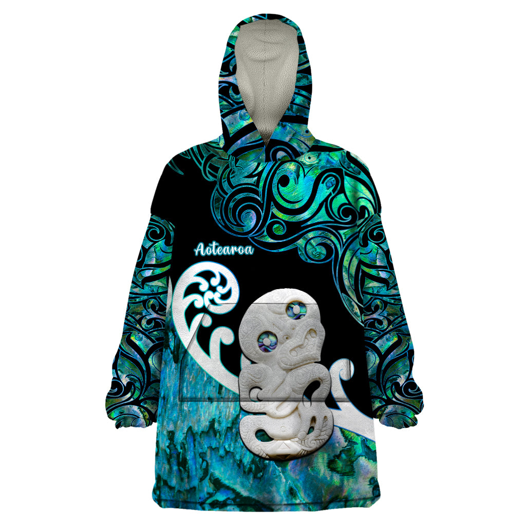 Aotearoa New Zealand Wearable Blanket Hoodie Paua Shell Fern Koru With Maori Hei Tiki LT05 One Size Green - Polynesian Pride