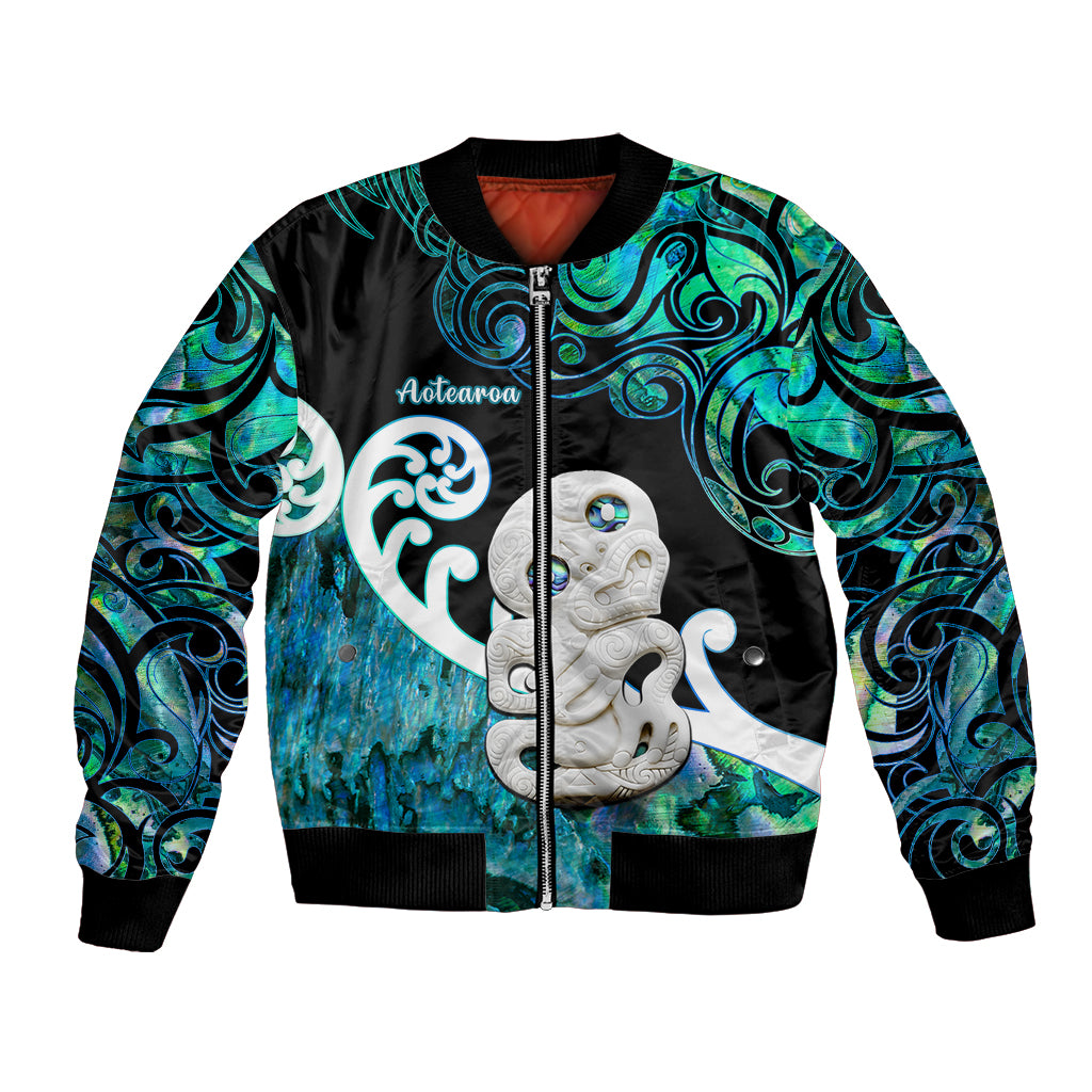 Personalized Aotearoa New Zealand Bomber Jacket Paua Shell Fern Koru With Maori Hei Tiki LT05 Unisex Green - Polynesian Pride