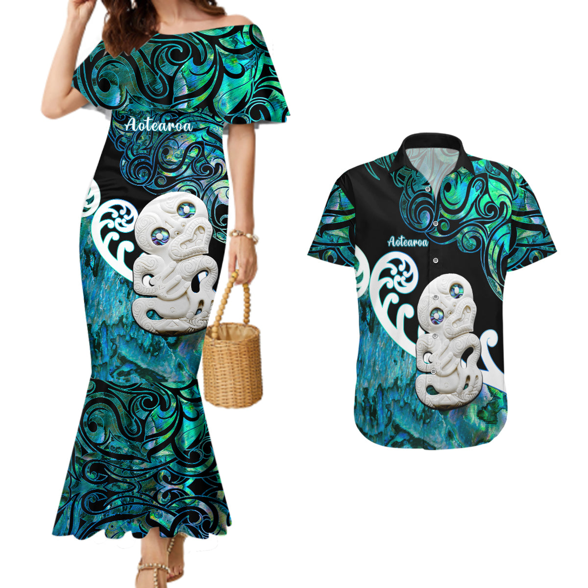 Personalized Aotearoa New Zealand Couples Matching Mermaid Dress and Hawaiian Shirt Paua Shell Fern Koru With Maori Hei Tiki LT05 Green - Polynesian Pride