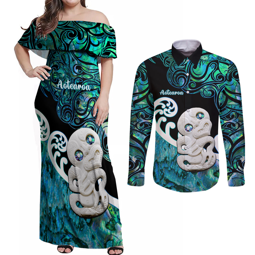 Personalized Aotearoa New Zealand Couples Matching Off Shoulder Maxi Dress and Long Sleeve Button Shirts Paua Shell Fern Koru With Maori Hei Tiki LT05 Green - Polynesian Pride