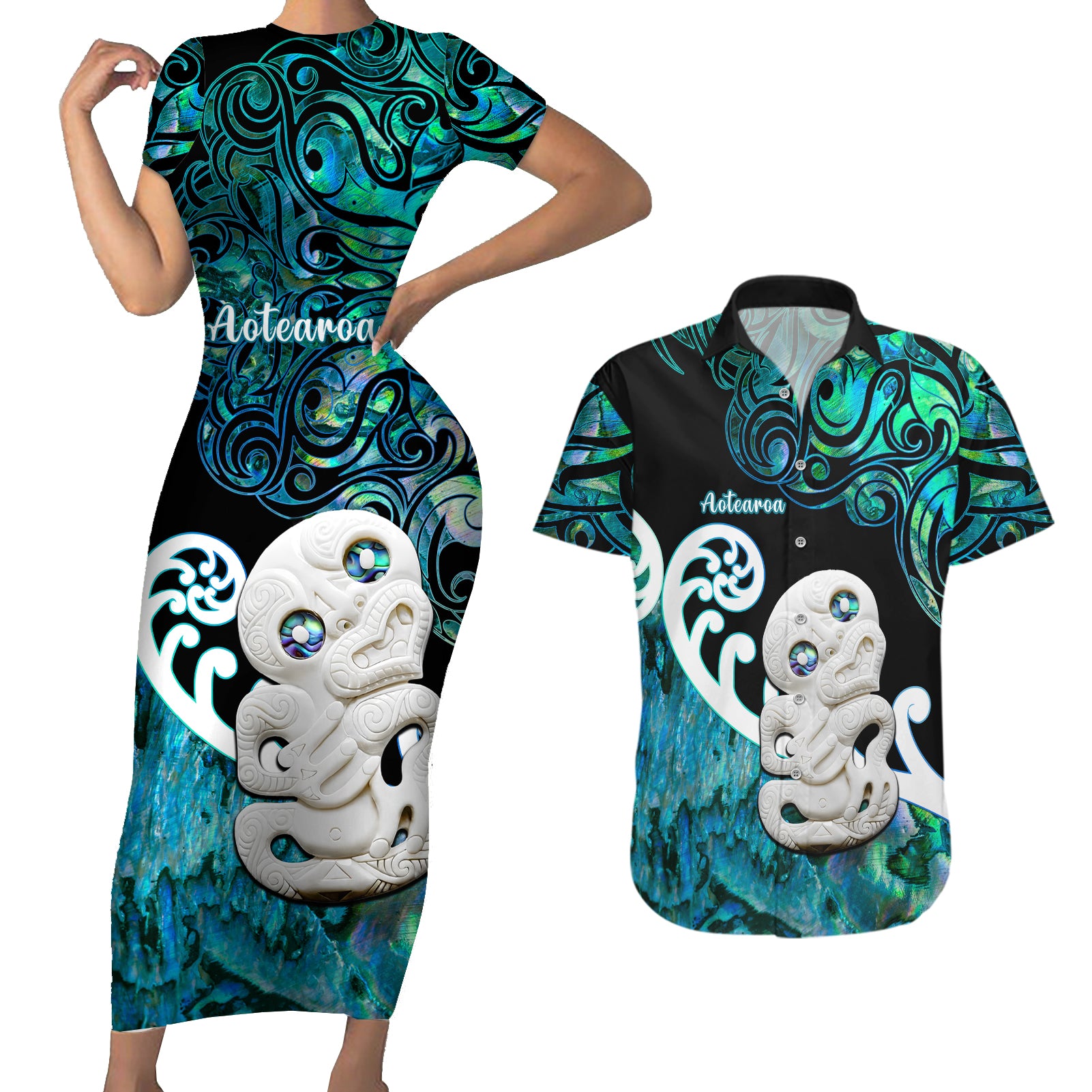 Personalized Aotearoa New Zealand Couples Matching Short Sleeve Bodycon Dress and Hawaiian Shirt Paua Shell Fern Koru With Maori Hei Tiki LT05 Green - Polynesian Pride