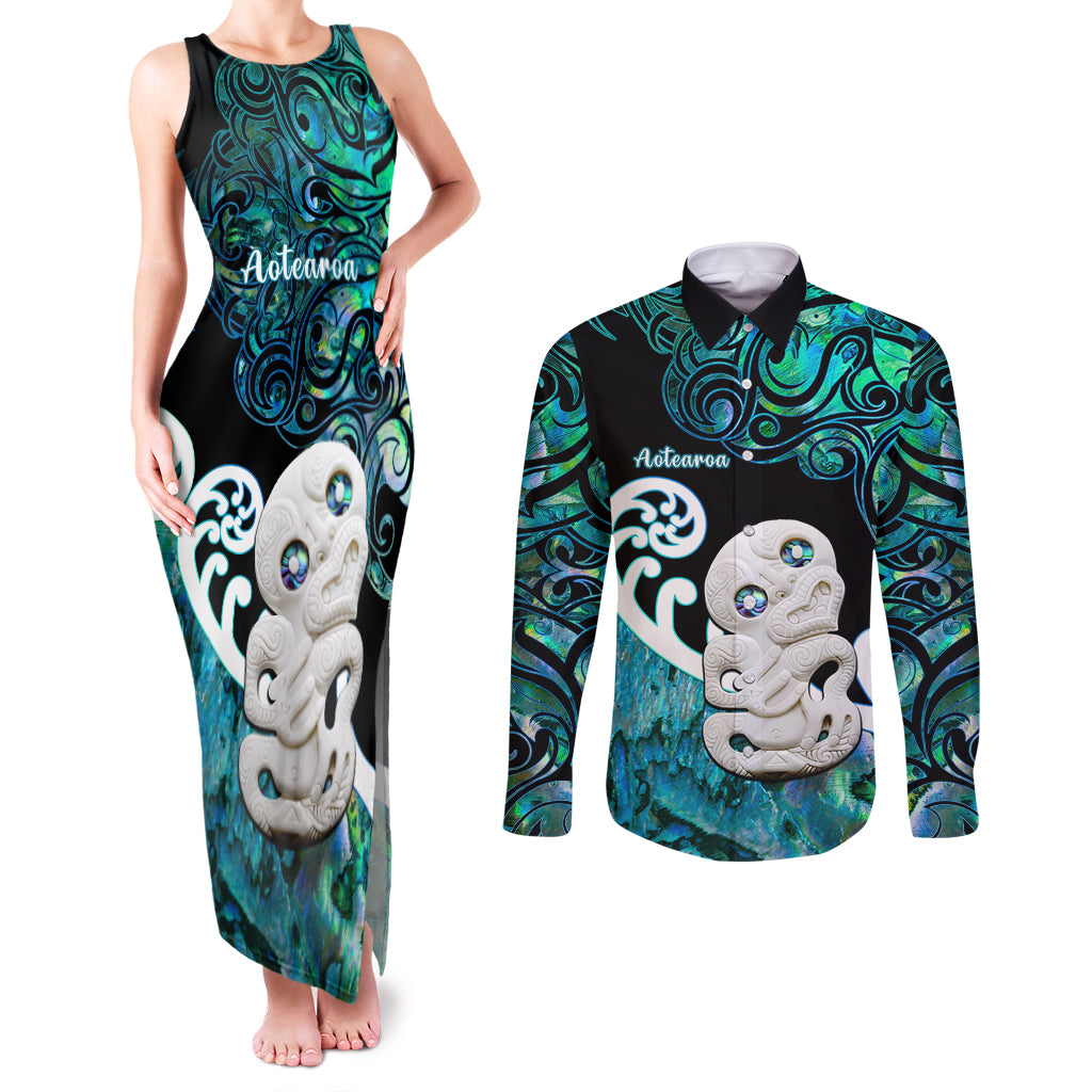 Personalized Aotearoa New Zealand Couples Matching Tank Maxi Dress and Long Sleeve Button Shirts Paua Shell Fern Koru With Maori Hei Tiki LT05 Green - Polynesian Pride
