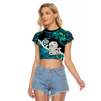 Personalized Aotearoa New Zealand Raglan Cropped T Shirt Paua Shell Fern Koru With Maori Hei Tiki LT05 Female Green - Polynesian Pride