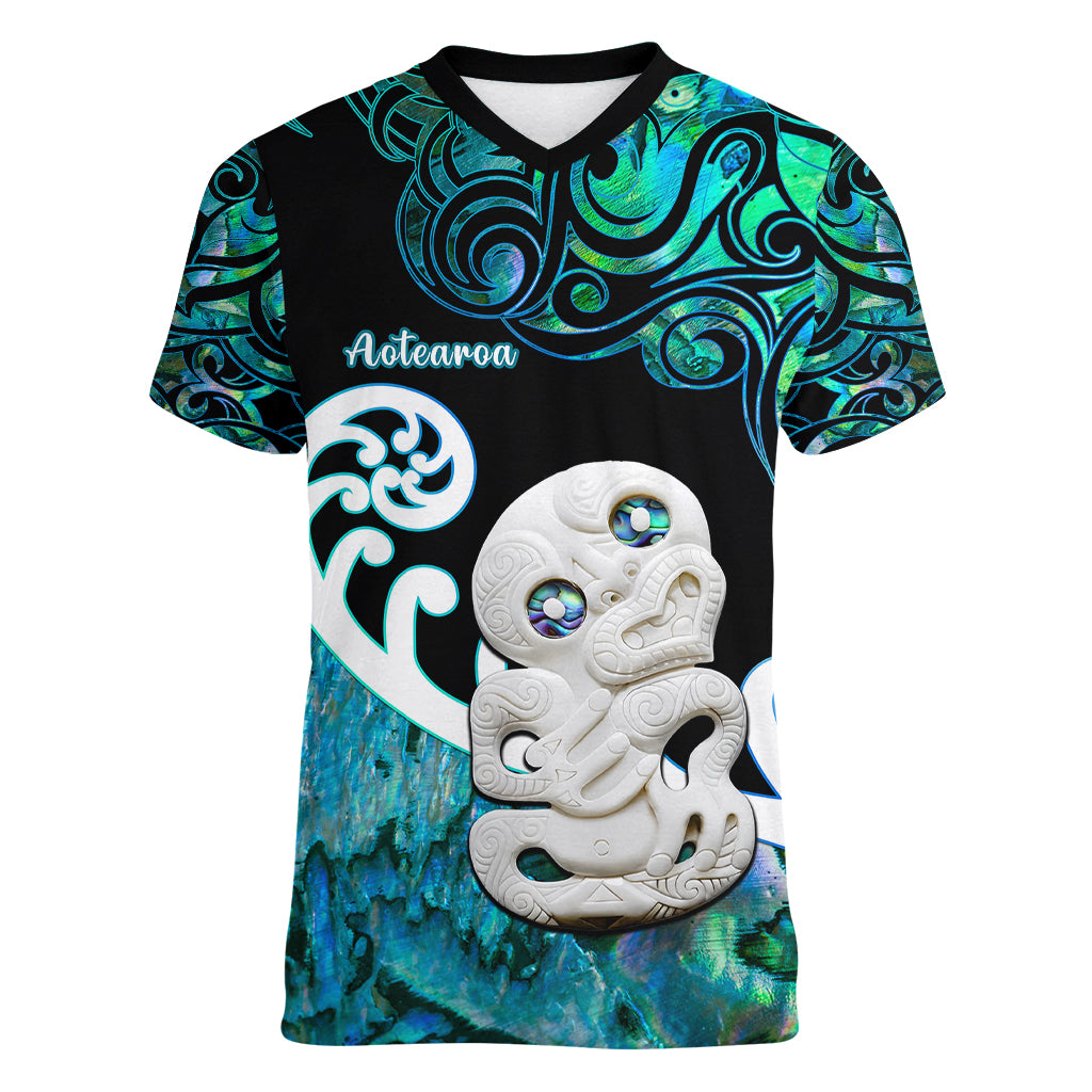 Personalized Aotearoa New Zealand Women V Neck T Shirt Paua Shell Fern Koru With Maori Hei Tiki LT05 Female Green - Polynesian Pride