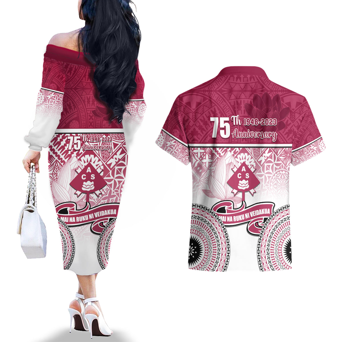 Adi Cakobau School Couples Matching Off The Shoulder Long Sleeve Dress and Hawaiian Shirt 75th Anniversary LT05 - Polynesian Pride