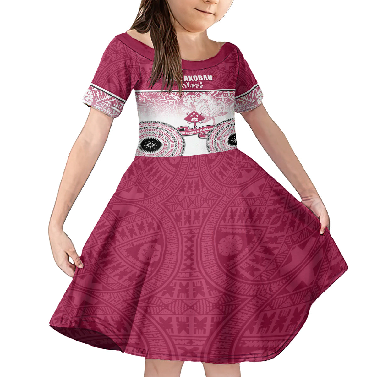 Adi Cakobau School Family Matching Off Shoulder Long Sleeve Dress and Hawaiian Shirt 75th Anniversary LT05 Daughter's Dress Pink - Polynesian Pride