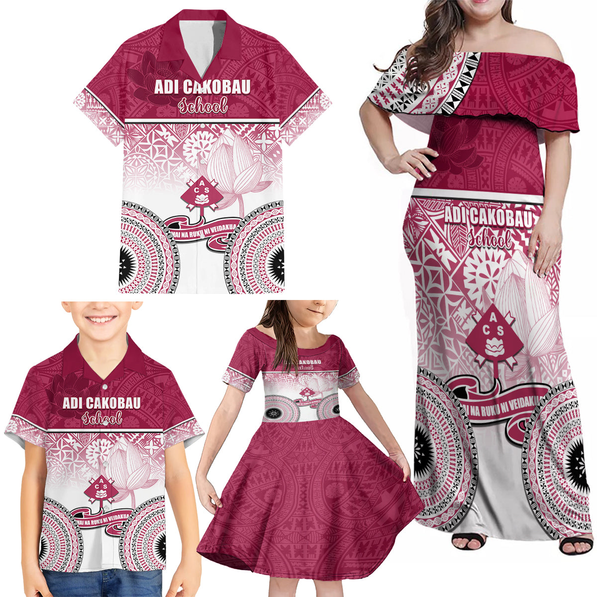 Adi Cakobau School Family Matching Off Shoulder Maxi Dress and Hawaiian Shirt 75th Anniversary LT05 - Polynesian Pride