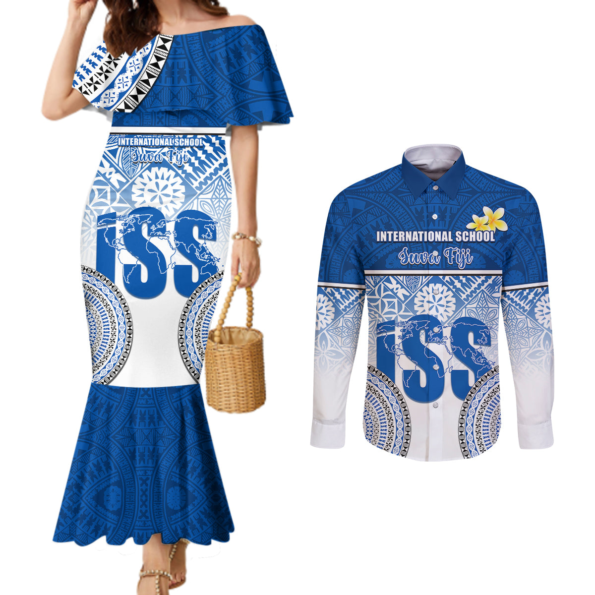 personalized-international-school-suva-couples-matching-mermaid-dress-and-long-sleeve-button-shirts-with-fijian-tapa-pattern
