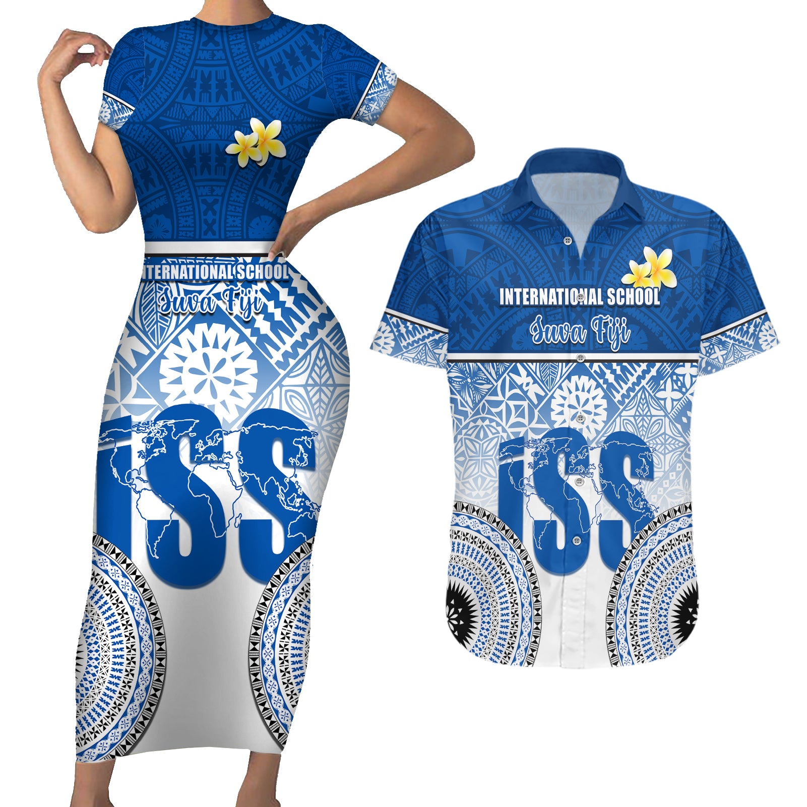 personalized-international-school-suva-couples-matching-short-sleeve-bodycon-dress-and-hawaiian-shirt-with-fijian-tapa-pattern