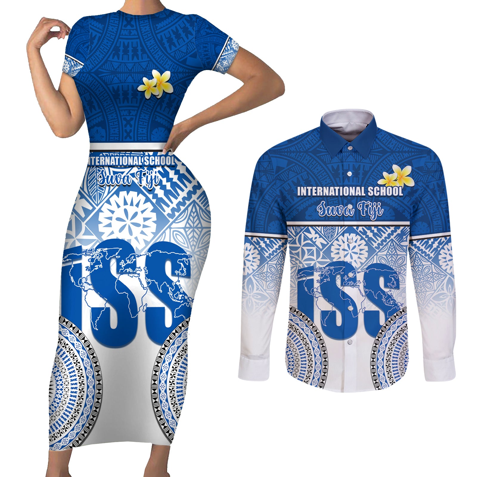personalized-international-school-suva-couples-matching-short-sleeve-bodycon-dress-and-long-sleeve-button-shirts-with-fijian-tapa-pattern