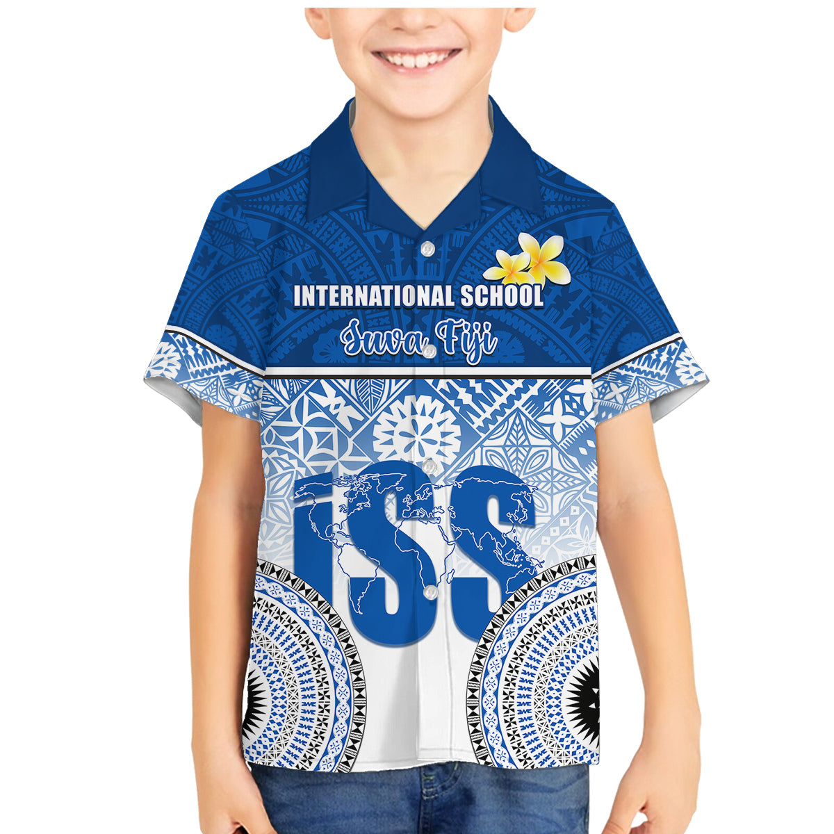 Personalized International School Suva Family Matching Mermaid Dress and Hawaiian Shirt With Fijian Tapa Pattern LT05 Son's Shirt Blue - Polynesian Pride