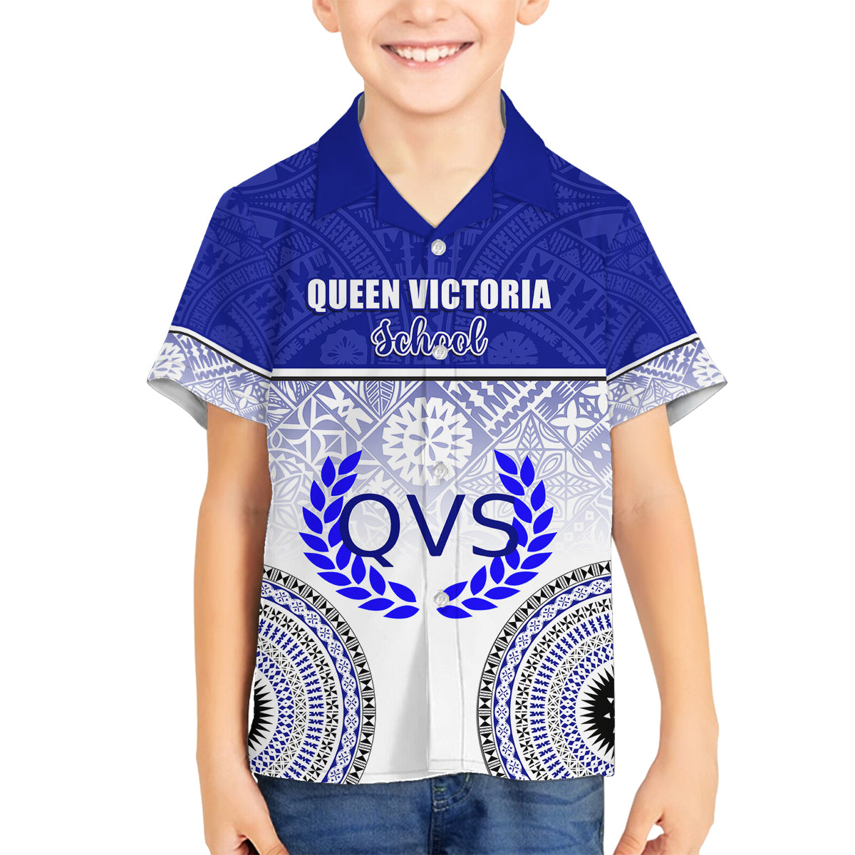 Personalized Queen Victoria School Family Matching Off Shoulder Short Dress and Hawaiian Shirt With Fijian Tapa Pattern LT05 Son's Shirt Blue - Polynesian Pride