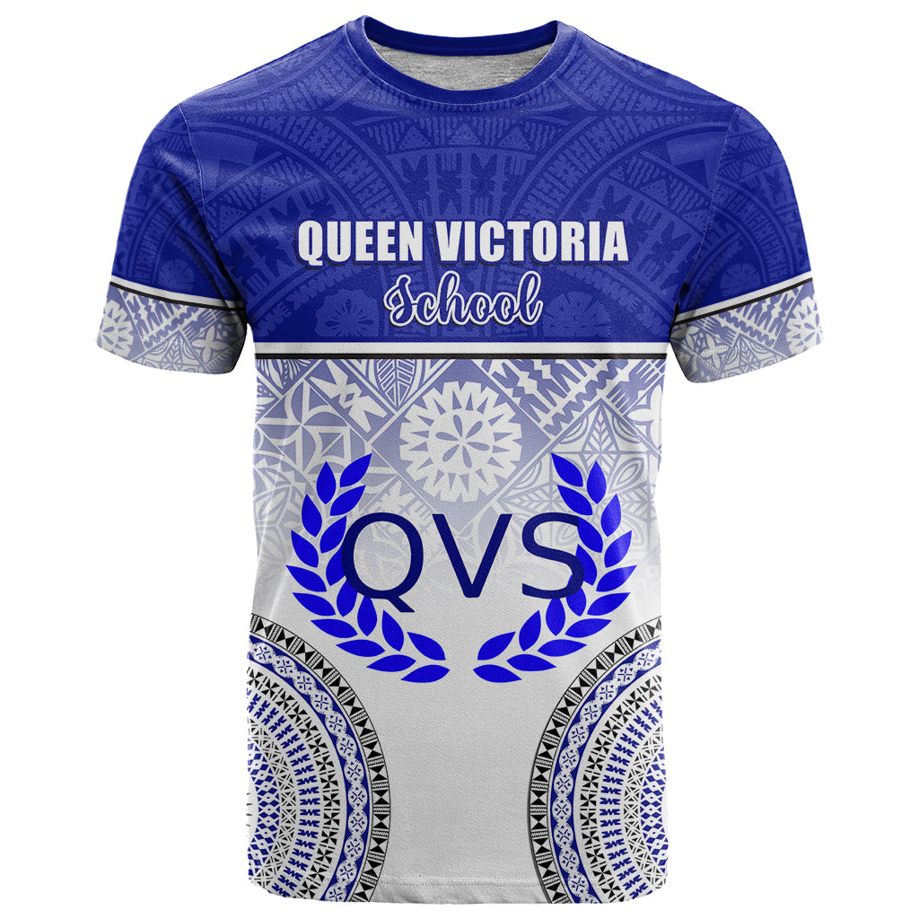 Personalized Queen Victoria School T Shirt With Fijian Tapa Pattern LT05 Blue - Polynesian Pride